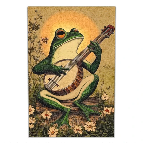 Xianyojafa Frog Poster, Playing Banjo Frog Canvas Wall Art, Vintage Comics Frog Print, Retro Cute Animal Picture for Wall, Boho Frog Banjo Painting for Living Room Bedroom 8x12in Unframed