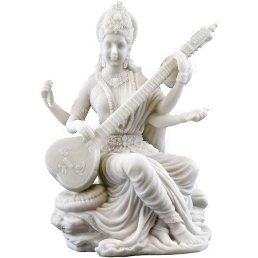 Sri Krishna Culture-New Small Saraswati Playing Sitar-Height-3 Inches-Marble White Finish-for Car and Home Décor