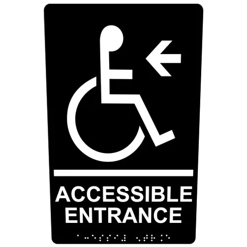ComplianceSigns.com Accessible Entrance Left Sign, ADA-Compliant Braille and Raised Letters, 9x6 inch Black Acrylic with Adhesive Mounting Strips