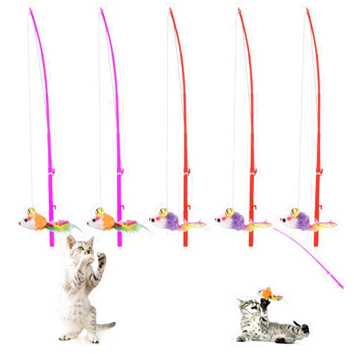 Cobee Cat Wand Toy Rat Replacement Feather Refills, 5 Pcs Cat Wand Toy with Mixed Color Cute Furry Mouse and Bells Refills Interactive Play Wand for Cats Kittens Training Exerciser Accessories
