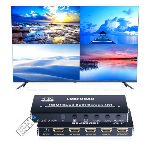 LUKFOCAB HDMI Multi-Viewer 4X1, Seamless Switcher 4 in 1 Out, Quad Multi Viewer Switcher with IR Remote, Supports 4K 30Hz, 5 Display Modes for Security Camera, Gaming Consoles