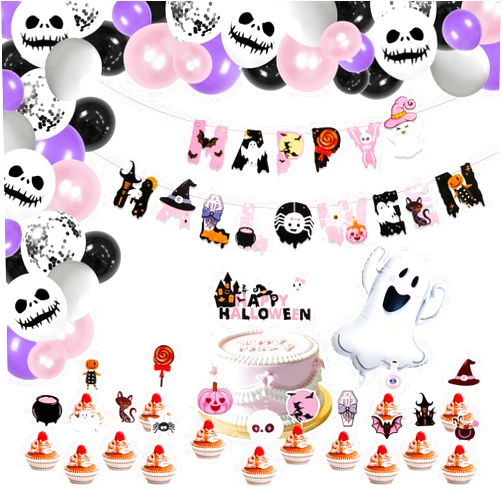 Shanmeidㅤ 116 Pieces Pink Happy Halloween Party Decorations Set, Pink Black Grey Ghost Theme Banner, Cute Ghost Theme Cupcake Toppers and Balloons for Indoor Outdoor and Home Halloween Party Decor