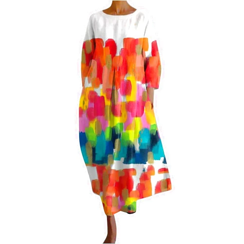 HYUIYYEAA Loose Pleated V Neck Fashion Dress Senior Long Sleeve Printed V Neck Dress Women's Pockets Comfy Midi Dresses