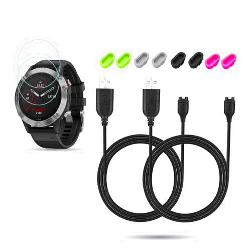 JIUJOJA 2Pack for Garmin Fenix 6/6 Pro/ 6 Sapphire/6 Solar Charging Sync Data Cable and 2Pcs Free HD Tempered Glass Screen Protector and 8pcs color Charger Port Protector for Smart watch
