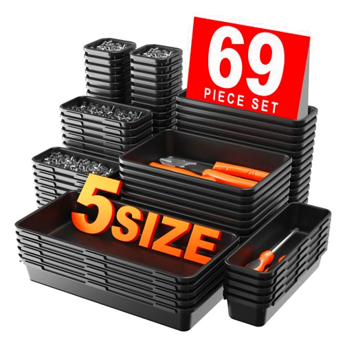 A-LuGei 【More Larger Size】A-LUGEI【69Pcs】【5 Size】 Tool Box Organizer Tray Divider Set, 【Black】 Desk Drawer Organizer, Garage Organization and Storage Toolbox for Rolling Tool Chest Cart Cabinet WorkBench Parts