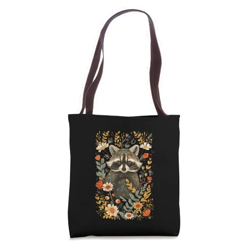 Raccoon Cottagecore Aesthetic Animal Designs Cute Raccoon Cottagecore Botanical Flowers Nature Whimsical Tote Bag