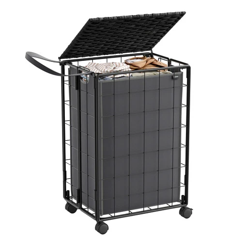 SONGMICS Laundry Hamper, 90L Laundry Basket with Lid, Clothes Hamper with Wheels, Collapsible Removable Liner Bag, Iron-Made Laundry Sorter, Ink Black and Slate Gray ULCB290B11