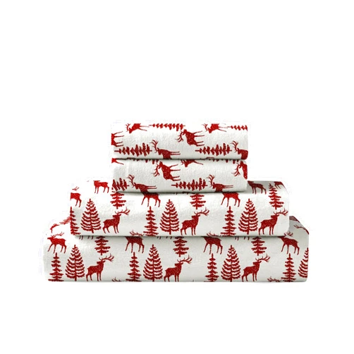 Brielle Home Flannel Sheet Set Cotton Soft Warm & Cozy Modern Chic with Elastic Deep Pockets, Full, Deers Red