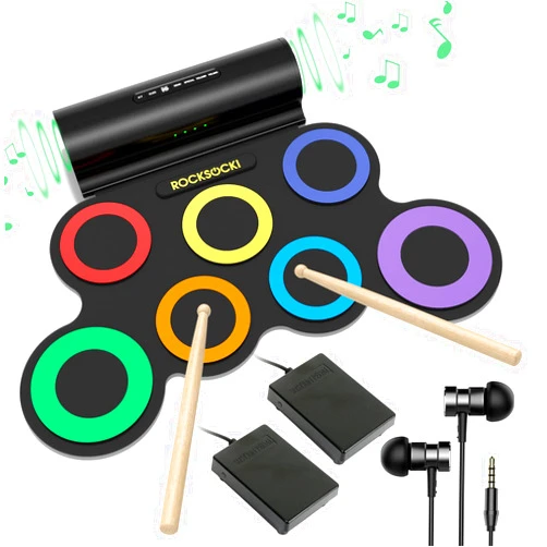 ROCKSOCKI Electric Drum Set, 7-Pad Electronic Drum Set with Headphone Included, Roll-up Drum Pad For Kids, Great Holiday Xmas Birthday Gift (Dual Speakers)