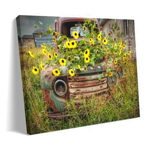 Generic Old Rusty Truck Covered with Small Daisy Flowers, Abandoned Truck Farm Nature Landscape still Life Poster Canvas Wall Art Prints for Wall Decor Room Decor Bedroom Decor Gifts 12x18inch(30x45cm) Fram