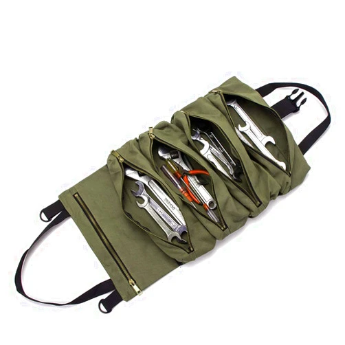 HERSENT Super Roll Tool Roll,Multi-Purpose Roll Up Tool Bag, Wrench Roll,Canvas Tool Organizer Bucket,Car First Aid Kit Wrap Roll Storage Case,Hanging Tool Zipper Carrier Tote,Car Camping Gear