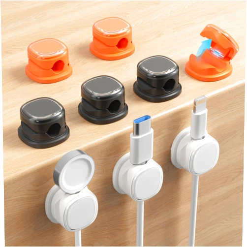 Funtin 9 Pack Cord Organizer, Spring Cable Management, Adhesive Cute Cable Holder Clips, Phone Charger Wire Keeper for Desk Nightstand Car Office (9-Pack White_Orange_Black)