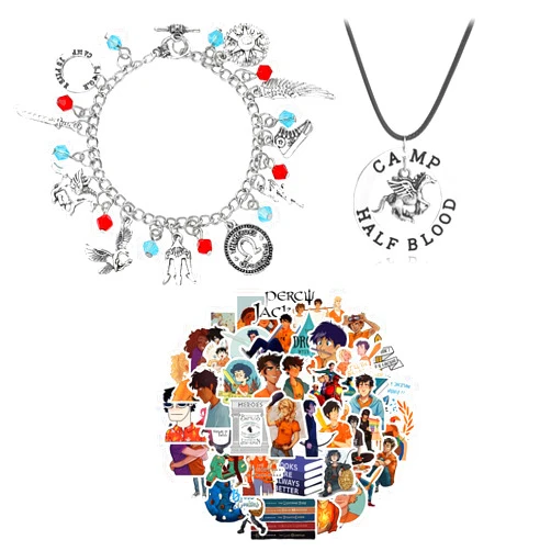 Umiko Percy Merch Merchandise Stuff Pjo 50 Pcs/Pack Stickers Necklace Bracelet Camp Half Blood Percy Inspired Pendant Jewelry Cosplay Collection Gifts for Fans Jackson