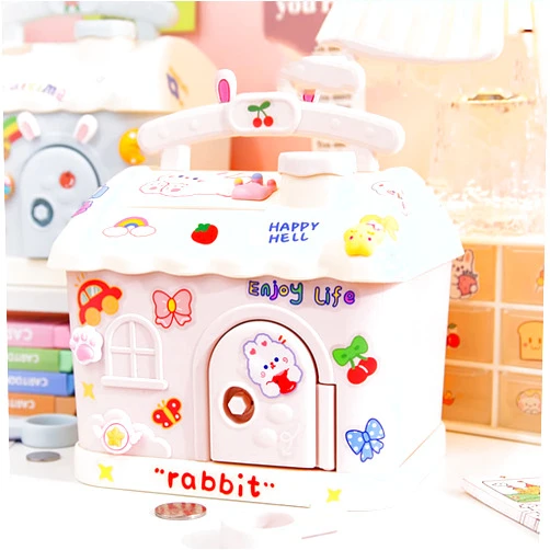 SAYONAKUAJ Piggy Bank DIY Sticker Cute Cartoon Style Kids Girl Creative Decoration with Open Key for Birthday Gift House Type (Light Blue)