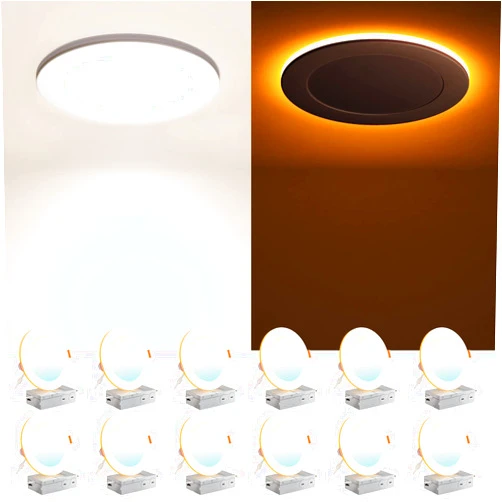 Amico 12 Pack 6 Inch 5CCT LED Recessed Ceiling Light with Night Light, 2700K/3000K/3500K/4000K/5000K Selectable Ultra-Thin Lighting, 12W=110W, 1100LM, Dimmable Canless Wafer Downlight ETL&FCC