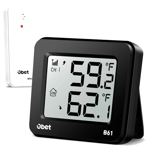 OBET Indoor Outdoor Thermometer Wireless Outdoor Thermometer Digital Thermometer Gauge 500Ft Remote Temperature Monitor for House Home Room Patio B61-Black