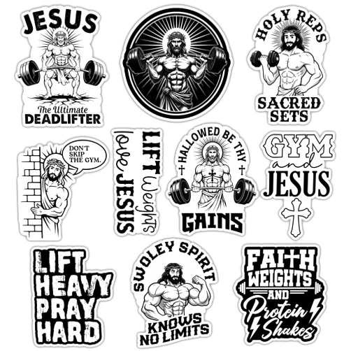 VOTANTA (10 Pcs, 3 inch) - Funny Jesus Gym Stickers Pack, Christian Fitness Motivational Sticker, Lift Heavy Pray Hard Faith Decals, Weightlifting Gifts Decoration for Laptop, Phone, Water Bottle