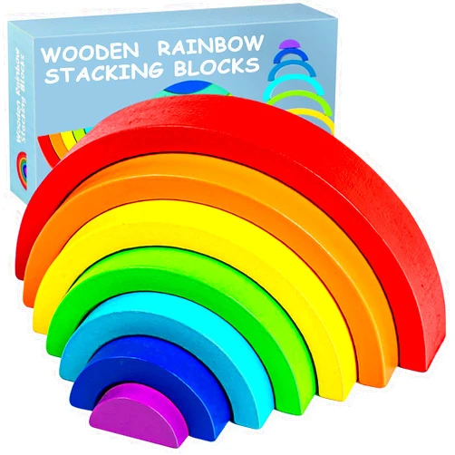 TUOWITA Wooden Rainbow Stacking Toy, Wood Stacker Arch Game, Montessori Arch Bridge Rainbow Building Blocks, Colorful Stacking Blocks Puzzles for Kids 2 3 4 5 Years Old, Rainbow Decor Toys