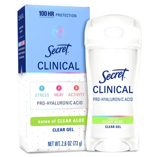 Secret Clinical Strength 100HR Sweat & Odor, Clear Gel Antiperspirant Deodorant for Women, 3X Stress Protection with Pro-Hyaluronic Acid, Ph Balancing Minerals, Clear Aloe Scent, 2.6 oz