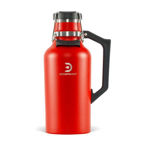 DrinkTanks Craft Growler, Passivated Stainless Steel Growlers for Beer, Leakproof and Vacuum Insulated Beverage Tumbler, Easy-to-Use Soda, Wine, or Coffee Tumbler with Handle, Crimson, 64 Oz