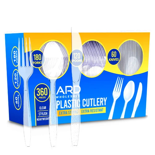 Ard Wholesale 360 Count Plastic Cutlery Set Combo Box - 180 Forks, 120 Spoons, and 60 Knives Clear Plastic Silverware Heavy Duty Extra Strong Disposable Plastic Utensils Set, Forks Spoons and Knives Cutlery Set