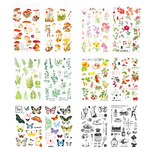 Frutain 12 Sheets Rub on Transfers for Furniture Crafts Butterfly Flower Plant Stickers Journaling Scrapbooking Supplies Mushroom Botanical Decor Sticker Decals DIY Bullet Journal Album supplies