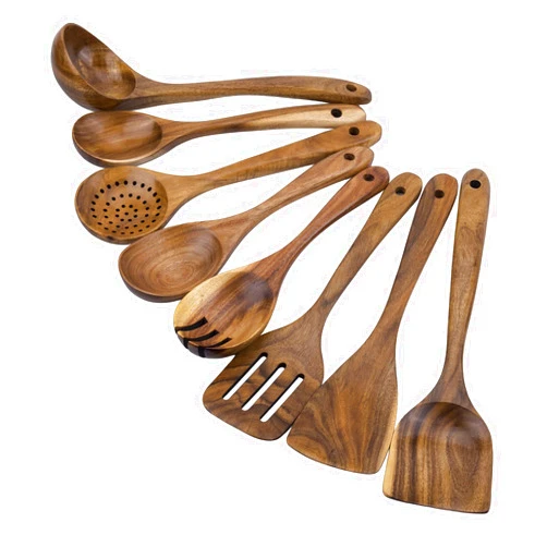 WOODme Kitchen Utensils Set 8 Piece Teak Wooden Cooking Utensil Set Non-Stick Pan Wood Spoons and Spatula Cookware for Home Everyday Use &Kitchen Tools