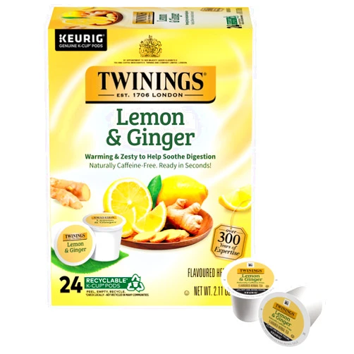 Twinings Lemon & Ginger Herbal Tea K-Cup Pods for Keurig, 24 Count (Pack of 1), Tangy & Spicy, Naturally Caffeine-Free, Enjoy Hot or Iced