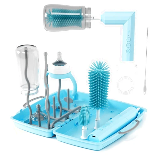 COKUNST Baby Bottle Brush Travel Essential, USB Rechargeable Bottle Cleaner Brush Set with Silicone Bottle Brush, Nipple Brush, Straw Brush, Bottle Drying Rack and Storage Box, Ideal Gift for Babies