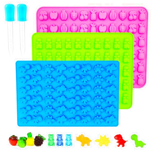 Ahorasky Gummy Candy Molds - Silicone Mini Gummy Bear/Dinosaur/Fruit Snack Molds with 2pcs Dropper,Non-stick and Bpa Free for Candy Chocolate Gummies Baking