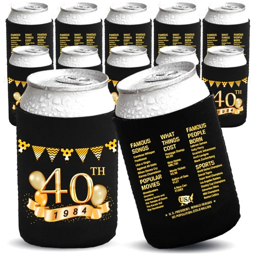 Yangmics Direct 40th Birthday Can Cooler Sleeves Pack of 12-1983 Sign - 40th Birthday Party Supplies - 40th Anniversary Decorations - Black and Gold Fortieth Birthday Cup Coolers