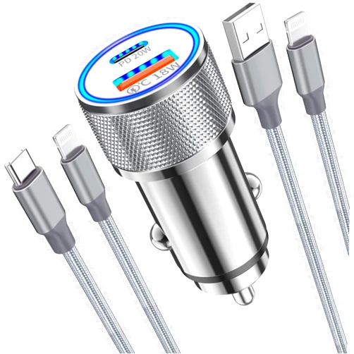 Veetone [Apple MFi Certified] iPhone Fast Car Charger, Veetone 38W Dual Port USB C Power Delivery All Metal Car Adapter with 2 Pack Lightning Braided Cable, PD/QC3.0 Quick Car Charging for iPhone/iPad/Airpods Grey