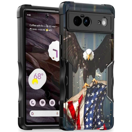 Cass Creations Case Compatible with Google Pixel 6 PRO (6.7 Inch), Hybrid Shockproof Bumper Protective Phone Cover - American Bald Eagle Flying with Flag
