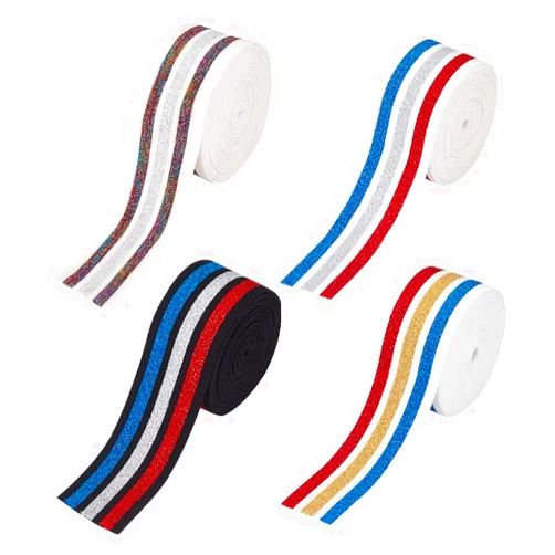 GOMAKERER 4 Colors 12M Striped Elastic Band for Clothing, 40mm Elastic Fibre Webbing Sparkle Clothes Accessories for Sewing Waistbands Pants Costumes DIY Projects