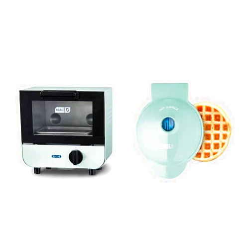 DASH Mini Toaster Oven + Mini Waffle Maker Bundle - Individual Portions, Aqua