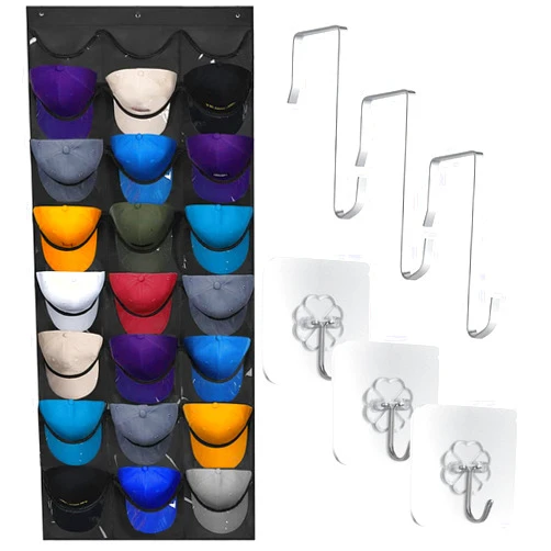 Rouceyxin Hat Rack for Baseball Caps, Hat Organizer with 24 Clear Deep Pockets, Hanging Hat Holder with 6 Hooks Over The Door Wall Multiple Cap Display Closet Storage Racks (Black)