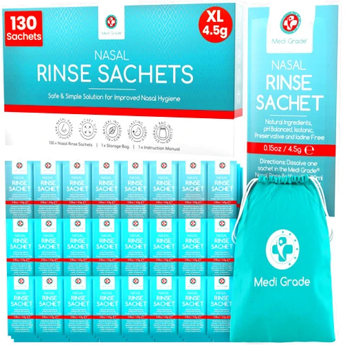 Medi Grade Sinus Rinse Packets – Nasal Rinse Essentials Kit of 130 x Salt packets and Convenient Storage Bag - Enjoy Effortless Nasal Irrigation at Home or On the Go with Our Nasal Rinse Saline Packet