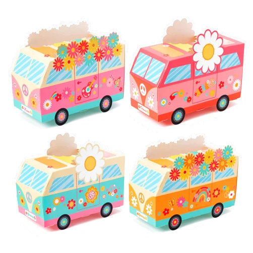 ANGOLIO 12Pcs Groovy Party Favor Boxes Groovy Hippie Peace Bus Centerpiece Birthday Party Decorations Peace Signs Daisies Rainbows For Baby Girls Kids Boho Hippie Birthday Party Supplies