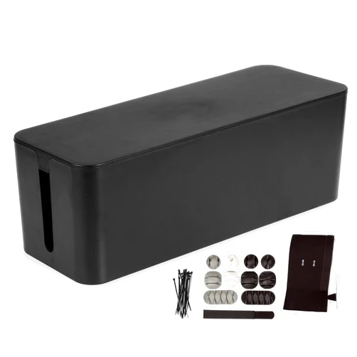 Iron Forge Cable Large Cable Management Box, 16 x 6 x 5 in, Black Cord Organizer & Hider for Wires, Power Strips & Surge Protectors - Includes Cable Sleeve, Hook and Loop Keepers, Zip Ties & Clips