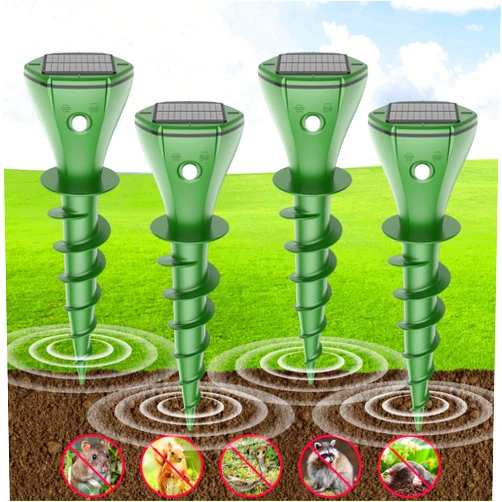 Aqjbh Mole Repellent Solar Powered, Snake & Skunk & Vole & Gopher & Armadillo & Rabbit & Groundhog & Chipmunk Repellent for Yard, IP 65 Waterproof Outdoor Ultrasonic Deterrent for Lawns Garden 4 Pack