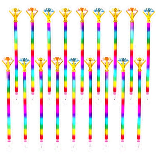 Wusteg 18 Pieces Rainbow Diamond Ballpoint Pens Big Crystal Diamond Ballpoint Pen with Rainbow Pen Tube and Diamond Decoration Plastic Ballpoint Pen (3 Colors, 0.7 mm)
