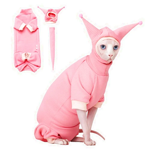 SNIXFEVER Sphynx Cat Clothes Waffle Pattern Suit, Cute Pet Hat and Shirt Set, Hairless Cat Devon Cornish Pink and Black Suit, (Medium, Pink)