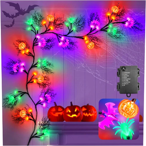 Aucurwen Halloween Garland with Lights(6ft), 8 Lighting Modes 54 LED Halloween Decorations Indoor with Pumpkin Bat Spider Lights, Remote Control & Timer Indoor Halloween Decorations for Room, Wall