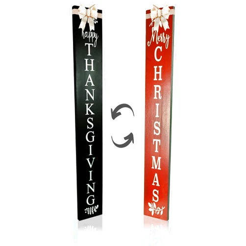 DOLLAN GIVING LIFE TO YOUR HOME 2in1 Merry Christmas Welcome Sign for Front Door Standing, Happy Thanksgiving Sign for Front Porch Standing, Christmas Porch Sign,Outdoor Wooden Interchangeable 4ft Tall Vertical Wood Holiday Fall Signs.