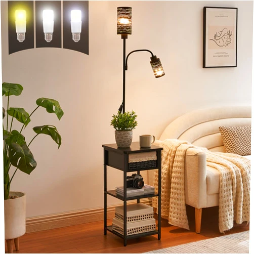 BAMGROW Floor Lamp with End Table, Side Table with Lamp Attached, Bedside Nightstand Light for Small Spaces with Wicker Drawer and Storage Shelf for Living Room, Bedroom, Guest Room, 2 Bulbs Included