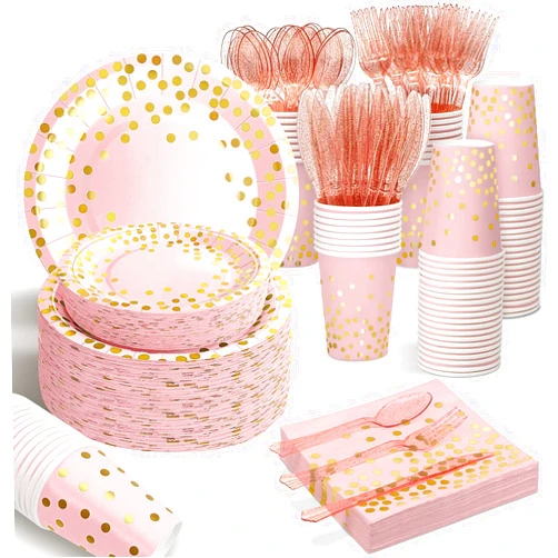 AIRE 350PCS Pink and Gold Party Supplies, Severs 50 Disposable Partyware, Gold Plastic Cutlery, Napkins, Plates for Baby Shower, Birthday, Wedding