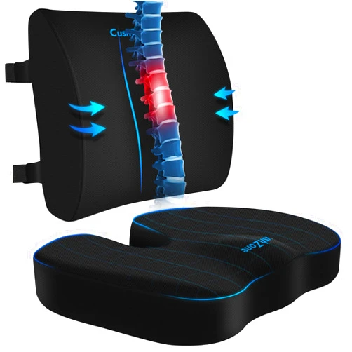 CushZone Seat Cushion, Lumbar Support Pillow with Adjustable Strap-Chair Cushions for Sciatica Pain Relief-with Washable Cover Memory Foam for Car, Travel and Wheelchair-Black