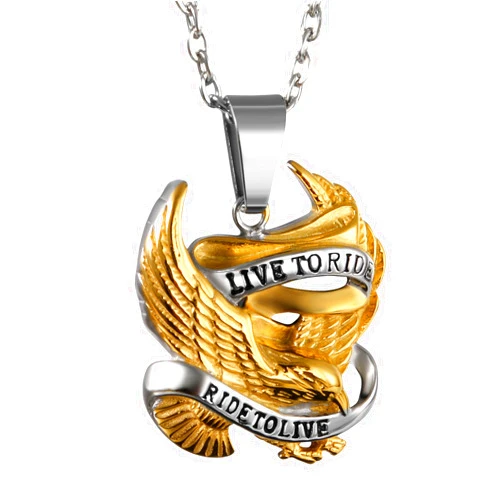 OIDEA Bikers Mens Stainless Steel Punk Rock Live to Ride Eagle Pendant Necklace,Gold Tone,22 Inch Chain Included