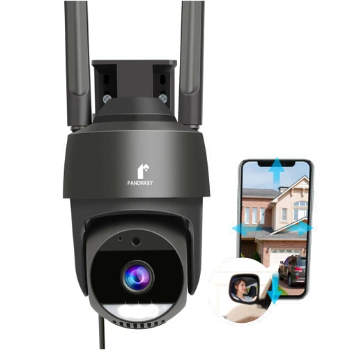 P Panoraxy 3K 5MP Outdoor Security Cameras - AI Motion Detection & Siren, 360° View PTZ, IP66, Auto Tracking, 2-Way Talk, Color Night Vision, 2.4g WiFi Outside Camera Works with Alexa & Google Assistant (Black)