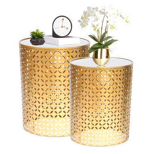 Homebeez End Tables Set of 2 Gold Nesting Side Coffee Table Decorative Round Nightstands (Stainless Steel Top)